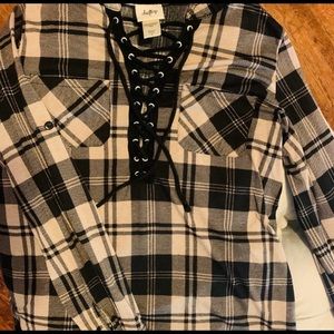 Daytrip L/S Black and Tan Plaid Tie Up Front Top